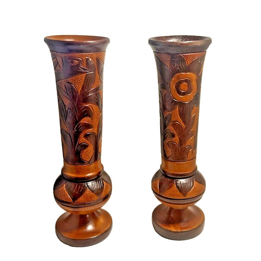 Vintage Hand Carved Floral Wooden Vase